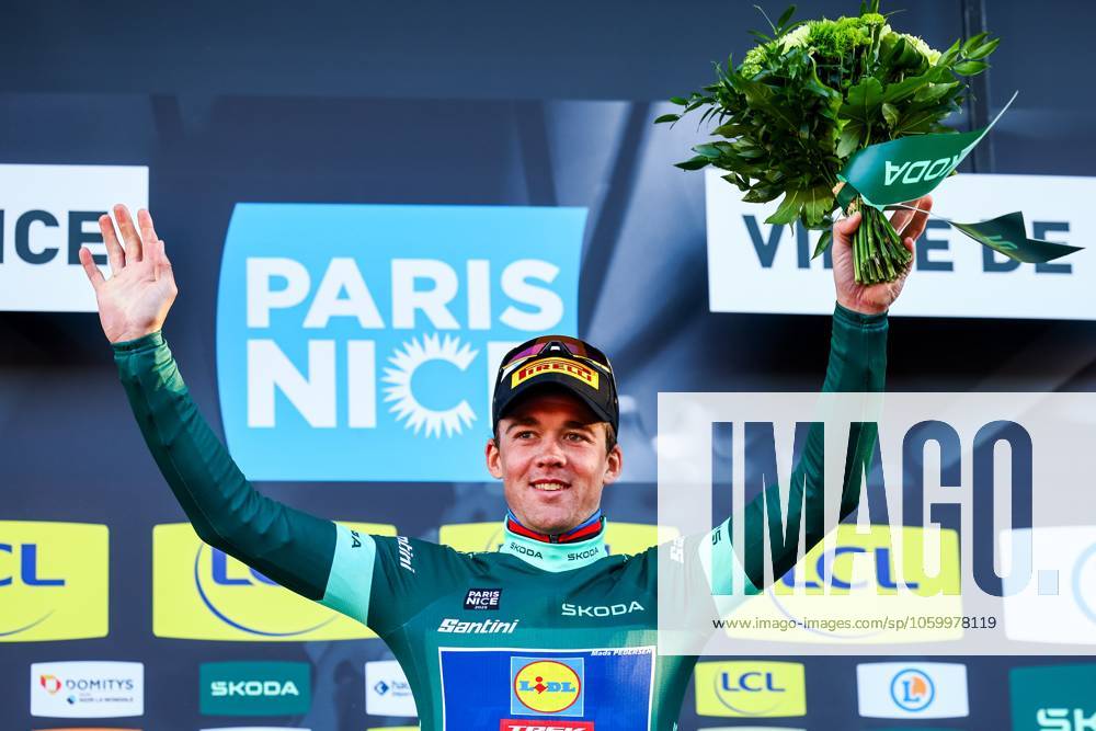 Danish Mads Pedersen of Lidl-Trek celebrates in the green jersey of leader in the points ranking after stage eight of the 83th edition of the Paris-Nice cycling race, 119,9 km from Nice to Nice, France, Sunday 16 March 2025. DAVIDxPINTENS x115106022x