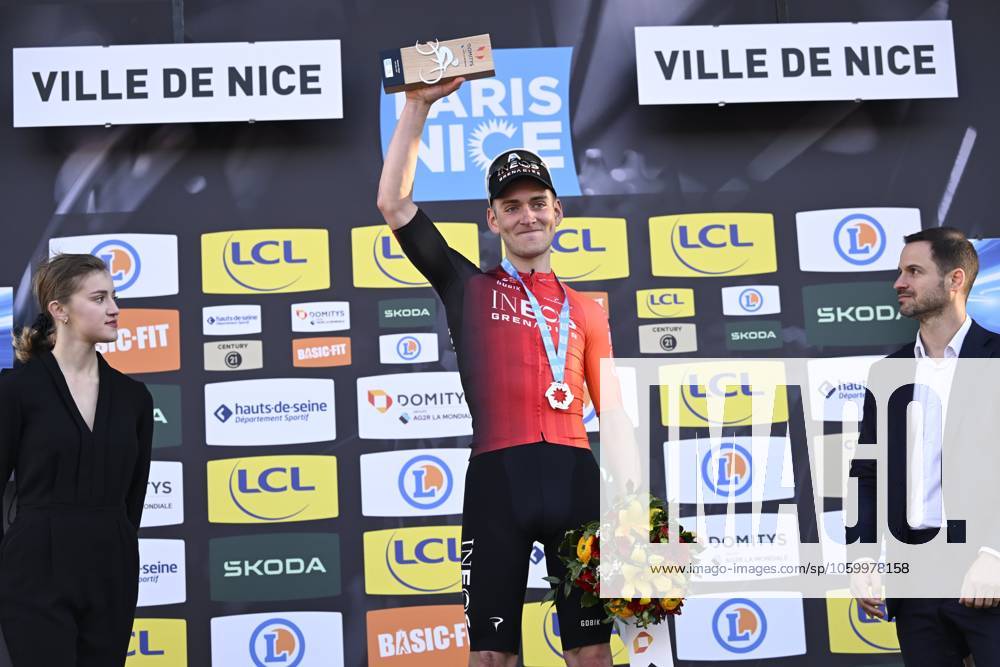 Paris - Nice 2025 - stage 8 NICE, FRANCE - MARCH 16 : Sheffield Magnus (USA) of Ineos Grenadiers on the podium during stage 8 and final stage of the 83th edition of the Paris - Nice cycling race, a stage of 119,9km with start and finish in Nice on March 16, 2025 in Nice, France, 16 03 2025 ( Motordriver Kenny Verfaillie - Nice France