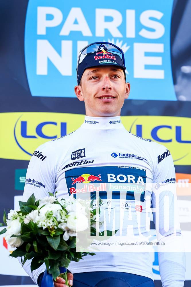 German Florian Lipowitz of RedBull-BORA-hansgrohe celebrates in the white jersey for best young rider after stage eight of the 83th edition of the Paris-Nice cycling race, 119,9 km from Nice to Nice, France, Sunday 16 March 2025. DAVIDxPINTENS x115106341x