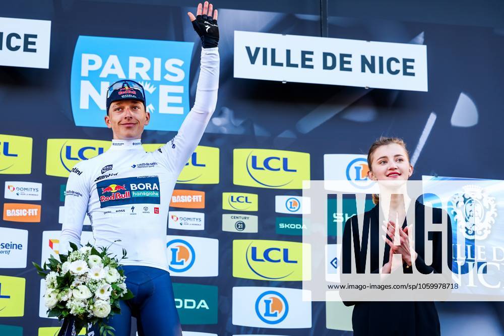 German Florian Lipowitz of RedBull-BORA-hansgrohe celebrates on the podium in the white jersey for best young rider after stage eight of the 83th edition of the Paris-Nice cycling race, 119,9 km from Nice to Nice, France, Sunday 16 March 2025. DAVIDxPINTENS x115106488x