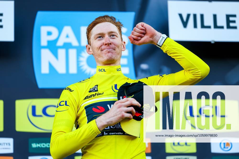 American Matteo Jorgenson of Team Visma-Lease a Bike celebrates in the yellow jersey of leader in the overall ranking after stage eight of the 83th edition of the Paris-Nice cycling race, 119,9 km from Nice to Nice, France, Sunday 16 March 2025. DAVIDxPINTENS x115107013x