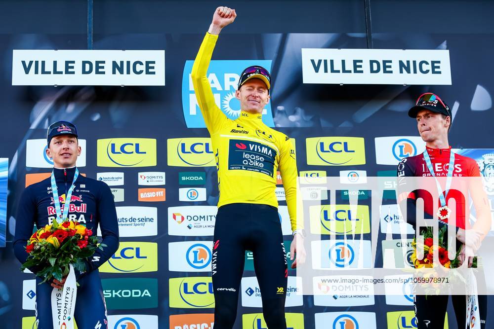 German Florian Lipowitz of RedBull-BORA-hansgrohe, American Matteo Jorgenson of Team Visma-Lease a Bike and Dutch Thymen Arensman of Ineos Grenadiers pictured on the podium after stage eight of the 83th edition of the Paris-Nice cycling race, 119,9 km from Nice to Nice, France, Sunday 16 March 2025. DAVIDxPINTENS x115107061x