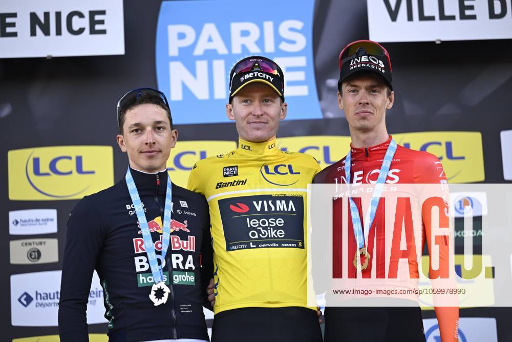 Paris - Nice 2025 - stage 8 NICE, FRANCE - MARCH 16 : Jorgenson Matteo (USA) of Team Visma Lease A Bike, Lipowitz Florian (GER) of Red Bull - Bora - Hansgrohe, Arensman Thymen (NED) of Ineos Grenadiers on the podium during stage 8 and final stage of the 83th edition of the Paris - Nice cycling race, a stage of 119,9km with start and finish in Nice on March 16, 2025 in Nice, France, 16 03 2025 ( Motordriver Kenny Verfaillie - Nice France