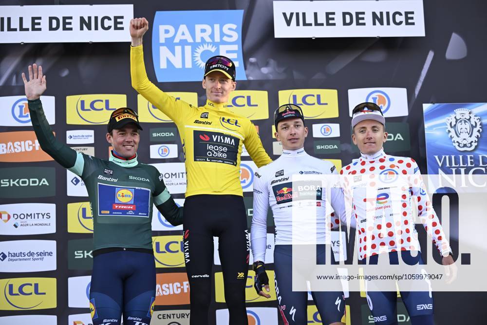 Paris - Nice 2025 - stage 8 NICE, FRANCE - MARCH 16 : Pedersen Mads (DEN) of Lidl - Trek, Jorgenson Matteo (USA) of Team Visma Lease A Bike, Lipowitz Florian (GER) of Red Bull - Bora - Hansgrohe, Gachignard Thomas (FRA) of Team Totalenergies on the podium during stage 8 and final stage of the 83th edition of the Paris - Nice cycling race, a stage of 119,9km with start and finish in Nice on March 16, 2025 in Nice, France, 16 03 2025 ( Motordriver Kenny Verfaillie - Nice France