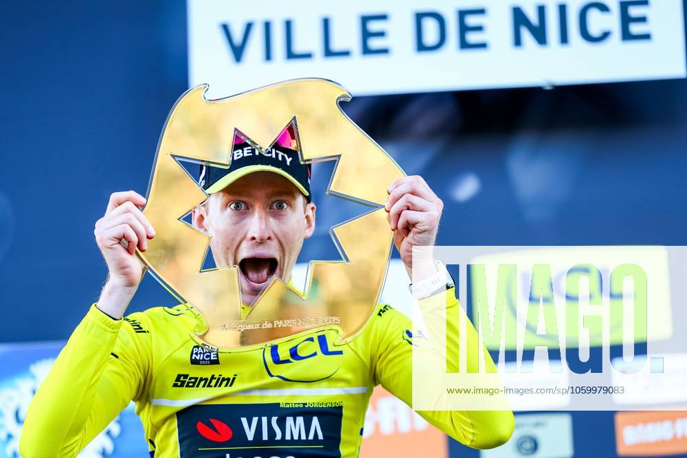 KW11 American Matteo Jorgenson of Team Visma-Lease a Bike celebrates on the podium after winning stage eight of the 83th edition of the Paris-Nice cycling race, 119,9 km from Nice to Nice, France, Sunday 16 March 2025. DAVIDxPINTENS x115107112x