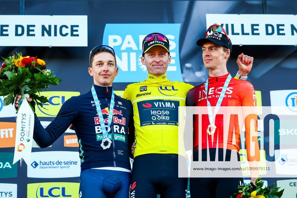 German Florian Lipowitz of RedBull-BORA-hansgrohe, American Matteo Jorgenson of Team Visma-Lease a Bike and Dutch Thymen Arensman of Ineos Grenadiers pictured on the podium after stage eight of the 83th edition of the Paris-Nice cycling race, 119,9 km from Nice to Nice, France, Sunday 16 March 2025. DAVIDxPINTENS x115107114x