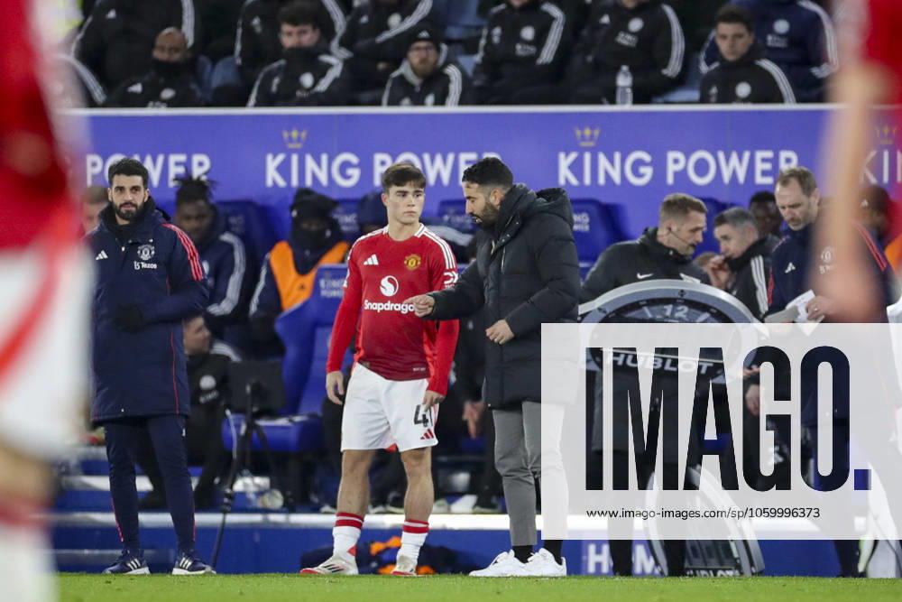 Leicester City FC v Manchester United, ManU FC Manchester United defender Harry Amass (41) substitute Manchester United Manager Ruben Amorim during the Leicester City FC v Manchester United FC English Premier League match at the King Power Stadium, Leicester, England, United Kingdom on 16 March 2025 Credit: Phil Duncan Every Second Media Editorial use only. All images are copyright Every Second Media Limited. No images may be reproduced without prior permission. All rights reserved. Premier League and Football League images are subject to licensing agreements with Football DataCo Limited. see https: www.football-dataco.com