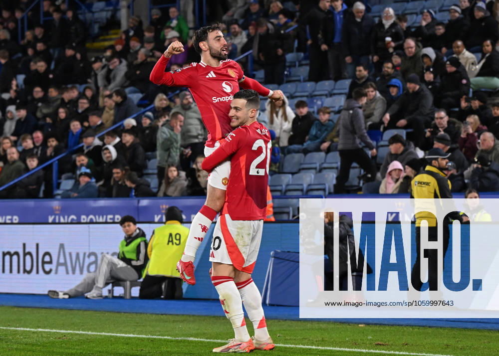 Leicester, England, 16th March 2025. Bruno Fernandes of Manchester United, ManU celebrates scoring his sides third goal during the Premier League match at the King Power Stadium, Leicester. Picture credit should read: Cody Froggatt Sportimage . SPI_033_CF_LEICESTER_MANCHESTER_UNITED_SPI-3754_033 SPI-3754-0033