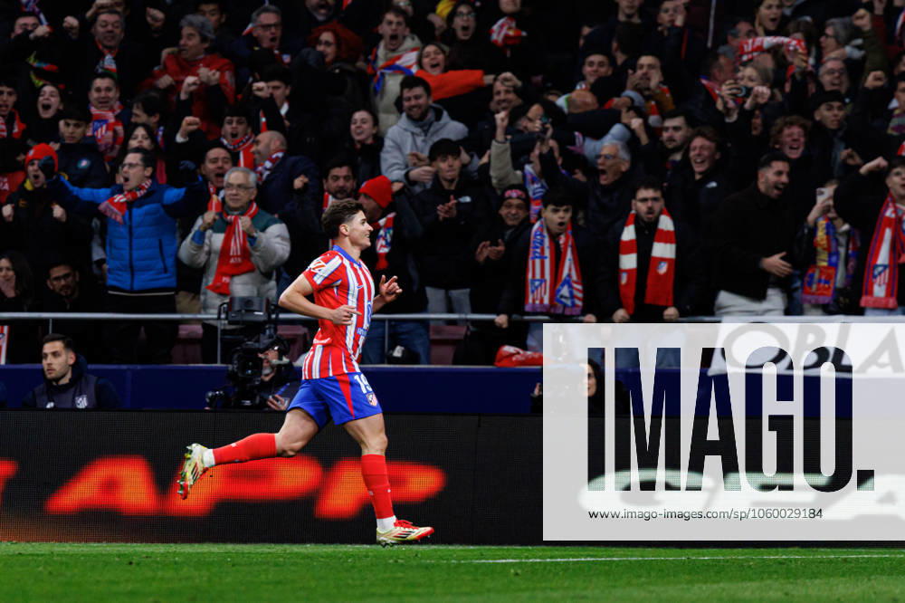 Julian Alvarez seen celebrating after scoring goal during LaLiga EA SPORTS game between teams of Atletico de Madrid and FC Barcelona, Barca (Maciej Rogowski) Madrid Estadio Civitas Metropolitano Spain