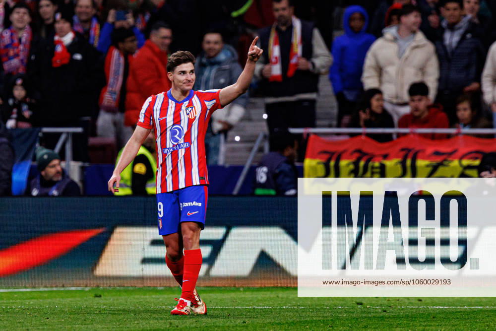 Julian Alvarez seen celebrating after scoring goal during LaLiga EA SPORTS game between teams of Atletico de Madrid and FC Barcelona, Barca (Maciej Rogowski) Madrid Estadio Civitas Metropolitano Spain