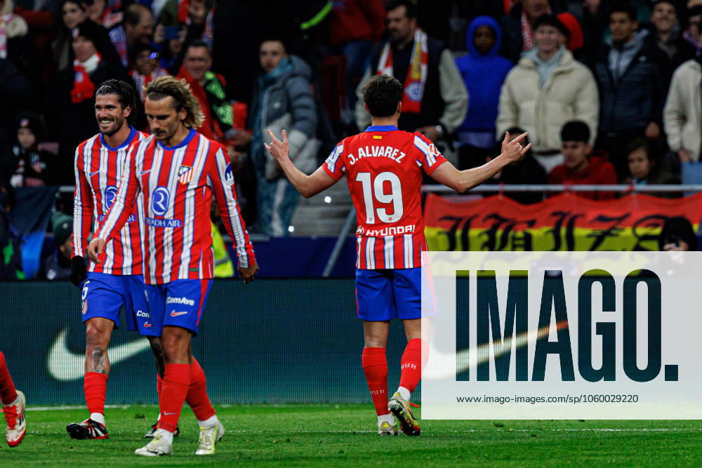 Julian Alvarez seen celebrating after scoring goal during LaLiga EA SPORTS game between teams of Atletico de Madrid and FC Barcelona, Barca (Maciej Rogowski) Madrid Estadio Civitas Metropolitano Spain