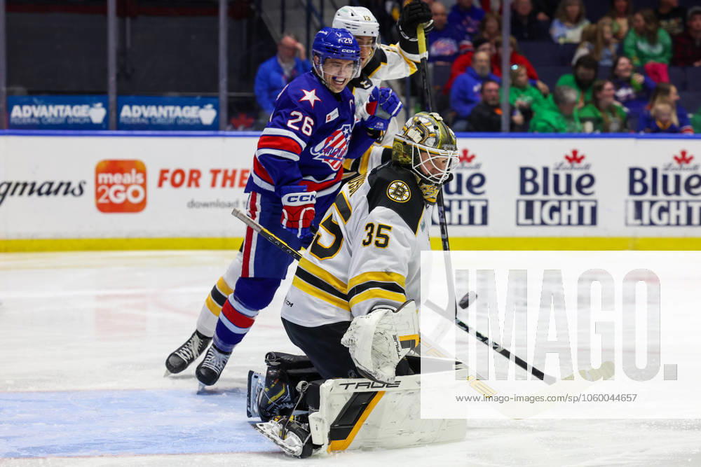 March 14th 2025: Providence Bruins goaltender Brandon Bussi (35) makes a save in the second period in a game against the Rochester Americans. The Rochester Americans hosted the Providence Bruins in an American Hockey League game at Blue Cross Arena in Rochester, New York. ( CSM) - ZUMAc04_ 20250314_zma_c04_292