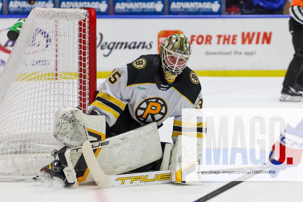 March 14th 2025: Providence Bruins goaltender Brandon Bussi (35) makes a save in the second period in a game against the Rochester Americans. The Rochester Americans hosted the Providence Bruins in an American Hockey League game at Blue Cross Arena in Rochester, New York. ( CSM) - ZUMAc04_ 20250314_zma_c04_372