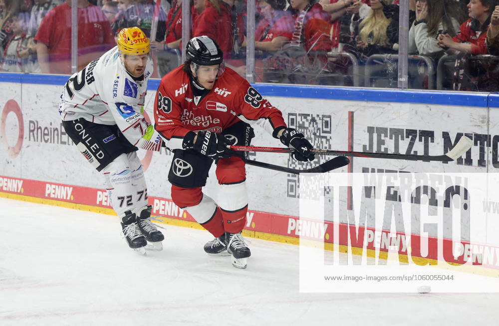 V l Philipp Bruggisser Pinguins Bremerhaven, 72 , Gregor MacLeod Koelner Haie, 89 Koelner Haie vs Fishtown Pinguins Bremerhaven, Ice Hockey, DEL, Playoffs, Game 2, Season 2024 2025, 18 03 2025, Koelner Haie vs Fishtown Pinguins Bremerhaven, Ice Hockey, DEL, Playoffs, Game 2, Season 2024 2025, 18 03 2025 Koeln