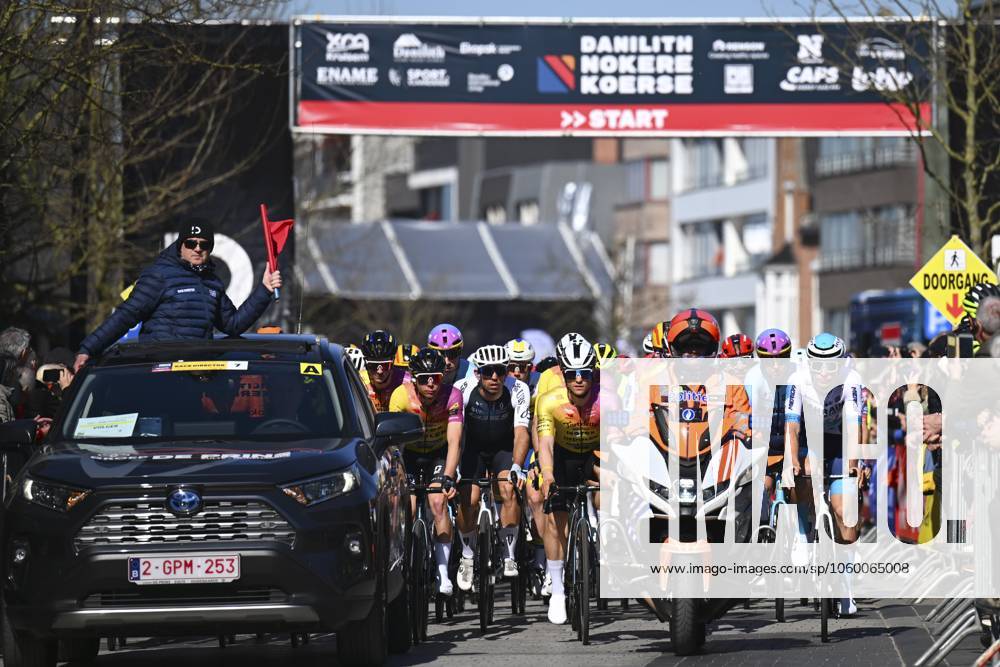 Danilith Nokere Koerse 2025 cycling race NOKERE, BELGIUM - MARCH 19 : illustration picture of the start during the Men Elite UCI 1.Pro 78th Danilith Nokere Koerse cycling race with start in Deinze and finish in Nokere (188,2 km) on March 19, 2025 in Nokere, Belgium, 19 03 2025 ( Motordriver Rodrique Verfaillie & Nokere Belgium