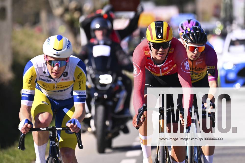 Danilith Nokere Koerse 2025 cycling race NOKERE, BELGIUM - MARCH 19 : Colman Alex (BEL) of Team Flanders - Baloise, Wallin Rasmus Bogh (DEN) of Uno-X Mobility, Teugels Lennert (BEL) of Tarteletto - Isorex, Johannink Jelle (NED) of Unibet Tietema Rockets, during the Men Elite UCI 1.Pro 78th Danilith Nokere Koerse cycling race with start in Deinze and finish in Nokere (188,2 km) on March 19, 2025 in Nokere, Belgium, 19 03 2025 ( Motordriver Rodrique Verfaillie & Nokere Belgium