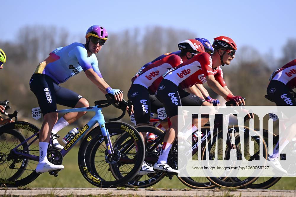 Danilith Nokere Koerse 2025 cycling race NOKERE, BELGIUM - MARCH 19 : Grisel Matys (FRA) of Lotto, Stokbro Andreas (DEN) of Unibet Tietema Rockets during the Men Elite UCI 1.Pro 78th Danilith Nokere Koerse cycling race with start in Deinze and finish in Nokere (188,2 km) on March 19, 2025 in Nokere, Belgium, 19 03 2025 ( Motordriver Rodrique Verfaillie & Nokere Belgium