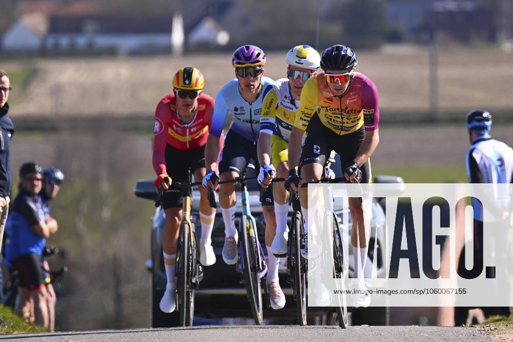 Danilith Nokere Koerse 2025 cycling race NOKERE, BELGIUM - MARCH 19 : Colman Alex (BEL) of Team Flanders - Baloise, Wallin Rasmus Bogh (DEN) of Uno-X Mobility, Teugels Lennert (BEL) of Tarteletto - Isorex, Johannink Jelle (NED) of Unibet Tietema Rockets, during the Men Elite UCI 1.Pro 78th Danilith Nokere Koerse cycling race with start in Deinze and finish in Nokere (188,2 km) on March 19, 2025 in Nokere, Belgium, 19 03 2025 ( Motordriver Rodrique Verfaillie & Nokere Belgium