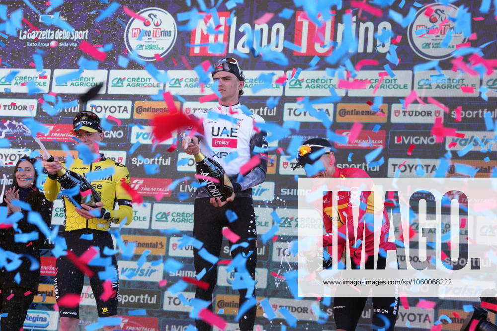 Del Toro Romero Isaac Uae Team Emirates Xrg winner of the race on the podium (center), Tulett Ben Team Visma Lease A Bike second place on the left, Johannessen Tobias Halland Of Uno-X Mobility third place on ìthe right during the men s elite race of the Milano-Torino one day cycling race (174km) from Rho to Torino (Superga) - North West Italy- Wednesday, March 19, 2025. - cycling .
