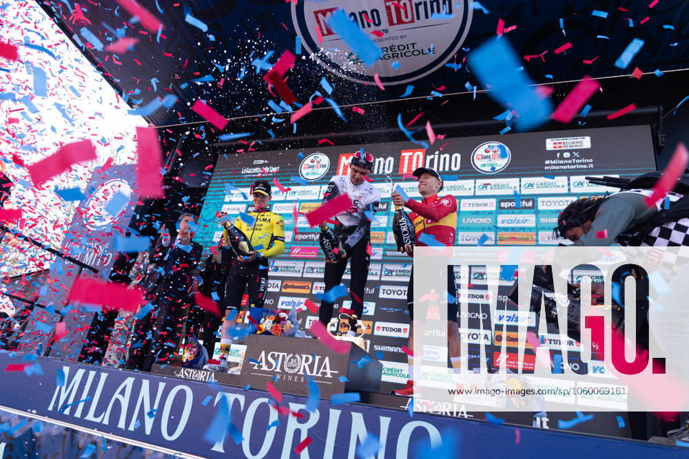 Milano - Torino 2025 The podium for Milano Torino 2025 includes Ben Tulett, Isaac del Toro, and Tobias Halland Johannessen, on March 19, 2025. Rho - Turin Italy