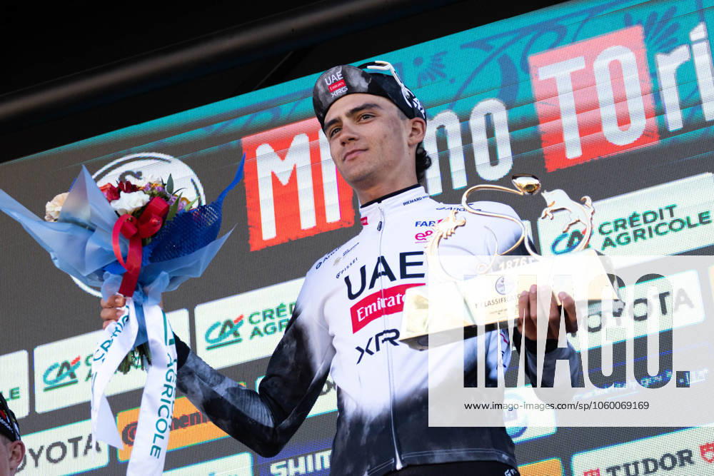 Milano - Torino 2025 Isaac del Toro holds the Milano Torino 2025 trophy, on March 19, 2025. Rho - Turin Italy