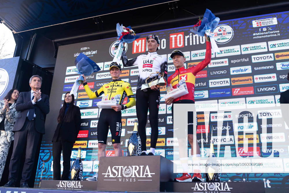 Milano - Torino 2025 The podium for Milano Torino 2025 includes Ben Tulett, Isaac del Toro, and Tobias Halland Johannessen, on March 19, 2025. Rho - Turin Italy
