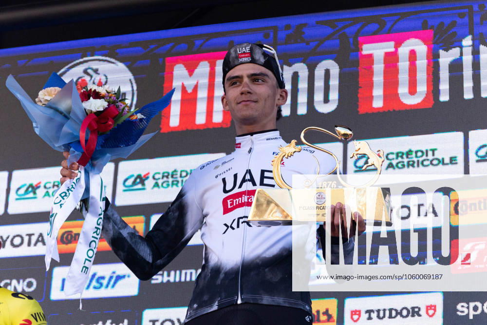 Milano - Torino 2025 Isaac del Toro holds the Milano Torino 2025 trophy, on March 19, 2025. Rho - Turin Italy