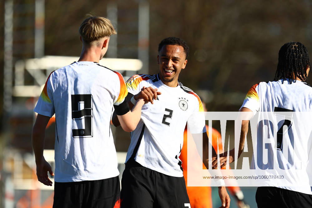 9 Max Moerstedt Germany U19 celebrates his goal for 2 0 together with 2 Eric da Silva Moreira Football I Juniors I UEFA European U19 Championship I 2024 2025 season I Qualifying tournament I Germany U19 Slovenia U19 I 19 03 2025 I Drömlingstadion