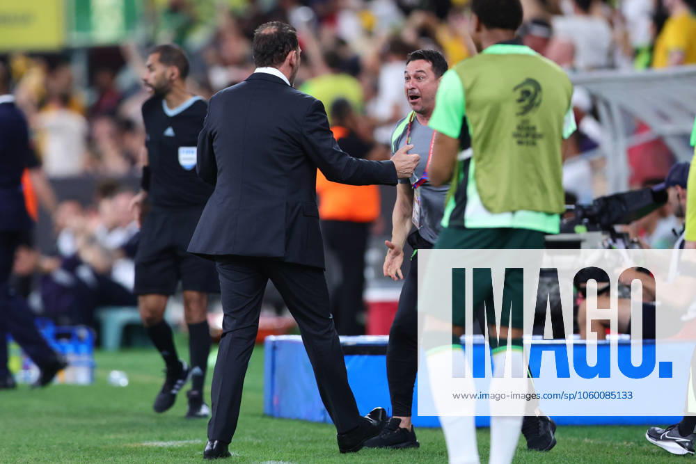 Tony Popovic Head Coach of Australia celebrates with Assistant Paul Okon goal scored by Nishan Velupillay of Australia during the FIFA World Cup, WM, Weltmeisterschaft, Fussball Qualifier 2026 AFC Asian Group B match between Australia and Indonesia at Sydney Football Stadium, Sydney, Australia on 20 March 2025.