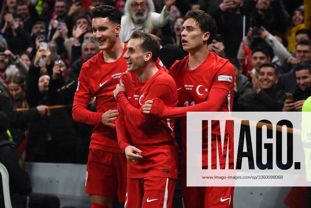 Kerem Akturkoglu (7) of Turkey celebrates after scoring the second goal of his team with Kenan Yiildiz (11) , Deniz Gul (19) during the UEFA Nationals League 2024 25 League A B Play-offs First leg match between Turkey and Hungary at Rams Park Stadium on March 20, 2025 in Istanbul, Turkey. (Photo by Seskimphoto ) Turkey v Hungary - UEFA Nations League 2024 25 League A B Play-offs First Leg