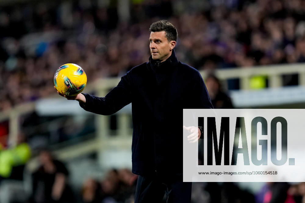 ACF Fiorentina v Juventus FC - Serie Enilive Thiago Motta head coach of Juventus FC looks on with match ball in hand during the Serie A Enilive match between ACF Fiorentina and Juventus FC at Stadio Artemio Franchi on March 16, 2025 in Florence, Italy. Florence Stadio Artemio Franchi Florence Italy