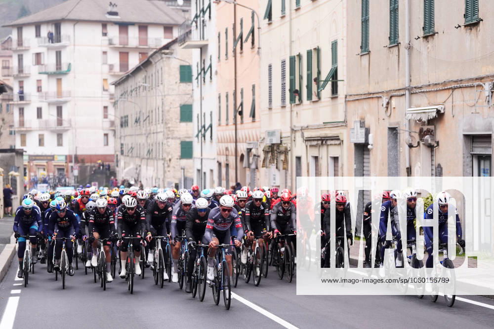 The pack rides cycles during the men s elite race of the Milano-Sanremo one day cycling race (289 km) from Pavia and to Sanremo - North West Italy - March 22, 2025. - cycling .