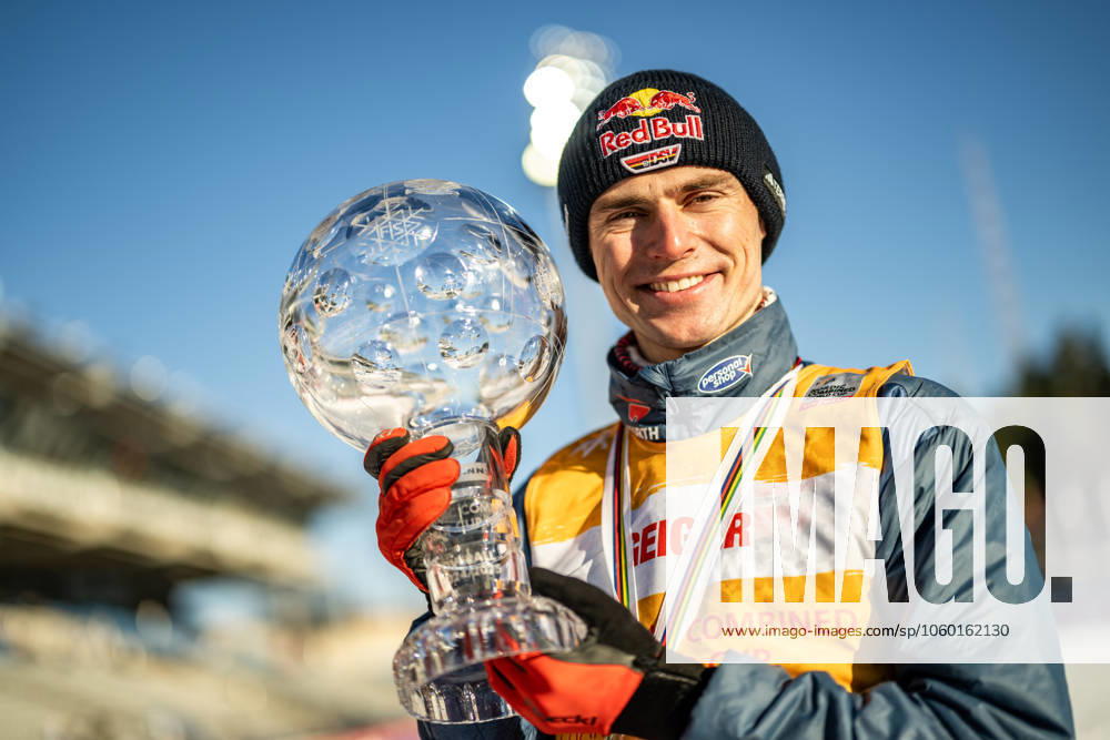 LAHTI, FINLAND Season finale World Cup Nordic Combined Men Cross-Country 10km on 22 03 2025 at the Lahden Stadium in Lahti Vinzenz Geiger from Germany 1 at the award ceremony Overall World Cup