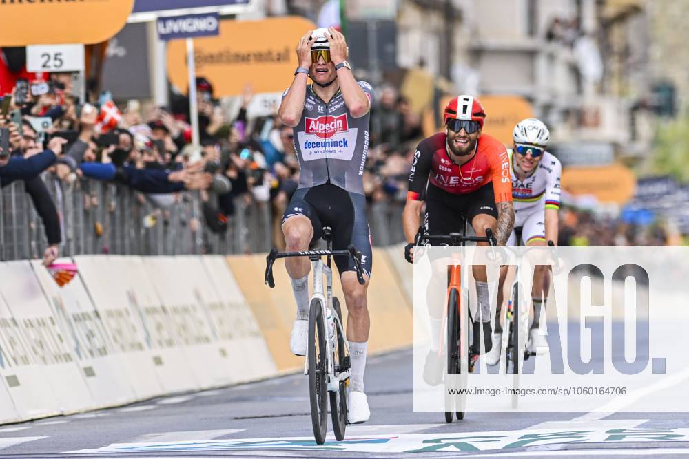 KW12 2025 Milan - Sanremo UCI WorldTour cycling race SANREMO, ITALY - MARCH 22 : Van Der Poel Mathieu (NED) of Alpecin - Deceuninck celebrating his victory during the UCI WorldTour 116th Milan - Sanremo cycling race with start in Pavia and finish at the Via Roma in Sanremo on March 22, 2025 in Sanremo, Italy, 22 03 2025 ( Motordriver Kenny Verfaillie - Sanremo Italy