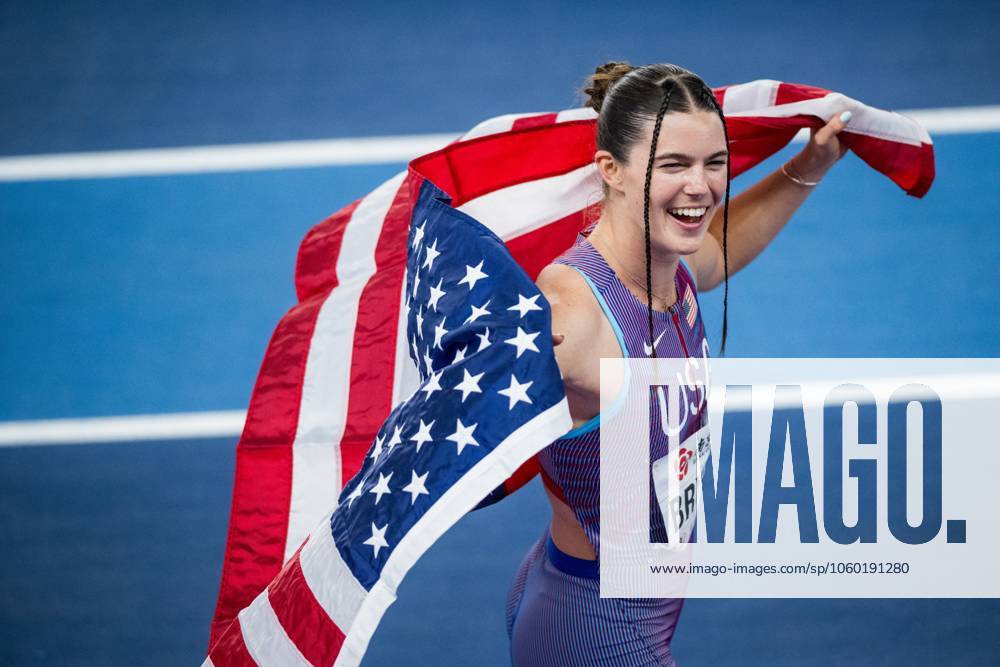 KW12 US Claire Bryant celebrates after winning the World Athletics Indoor Championships, in Nanjing, China, Sunday 23 March 2025. The championships take place from 21 to 23 March. JASPERxJACOBS x115437721x