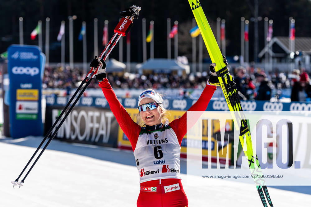Therese Johaug of Norway celebrates after winning the women s classic technique 50 km mass start during the FIS Cross Country World Cup on March 23, 2025 in Lahti Photo Kalle Parkkinen BILDBYRAN COP 211 KP0085 skidor cross country skiing langrenn världscupen fis cross country world cup fristil free technique fis cross country world cup dam bbeng norge norway jubel