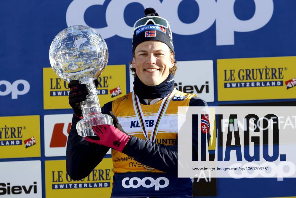 KW12 Men s cross country skiing World Cup overall winner Johannes Hösflot Kläbo of Norway celebrating on the podium with the crystal ball at the FIS Nordic World Cup Lahti Ski Games in Lahti, Finland, on March 23, 2025. Lahti Finland LKFTVX20250323162716GJAH