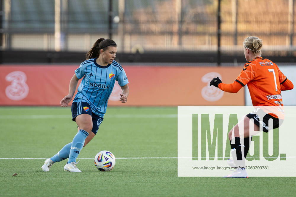 Djurgardens Alexsandra Lobanova and Kristianstads Katla Tryggvadottir during the football match in Damallsvenskan between Djurgarden and Kristianstad on March 23, 2025 in Stockholm