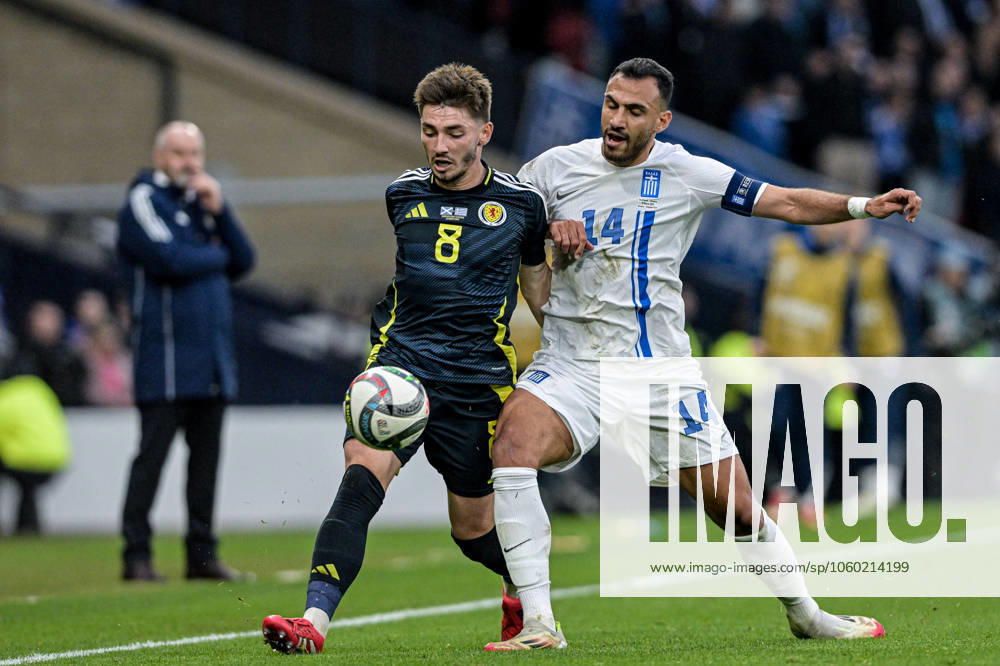 Scotland v Greece UEFA Nations League Billy Gilmour of Scotland and Vangelis Pavlidis of Greece during the UEFA Nations League Play-Offs second leg match at Hampden Park, Glasgow UK Newspapers OUT