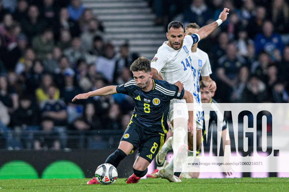Scotland v Greece UEFA Nations League Billy Gilmour of Scotland and Vangelis Pavlidis of Greece during the UEFA Nations League Play-Offs second leg match at Hampden Park, Glasgow UK Newspapers OUT