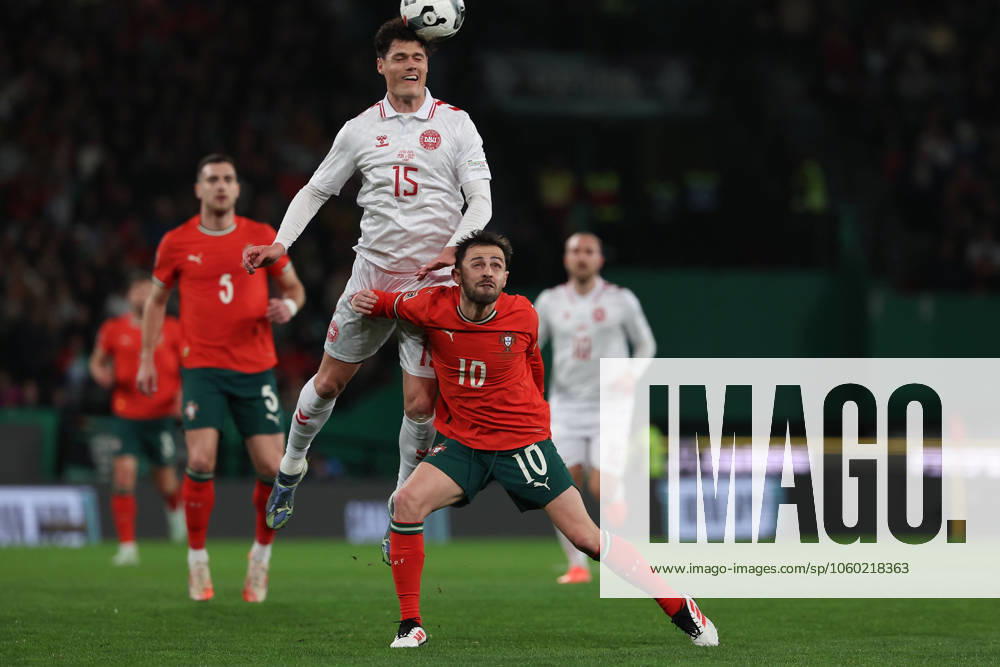 2025 03 23 Portugal, Lisbon Estadio Jose Alvalade UEFA Nations League 2025 Quarter finals Portugal Denmark v l , Christian Norgaard Denmark , Bernardo Silva Portugal Header, header duel
