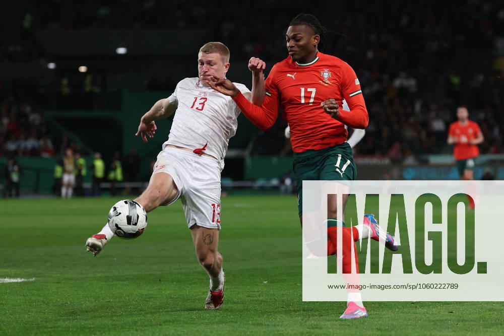 2025 03 23 Portugal, Lisbon Estadio Jose Alvalade UEFA Nations League 2025 Quarter finals Portugal Denmark v l , Rasmus Kristensen Denmark , Rafael Leao Portugal , duel, action, action, battles for the ball