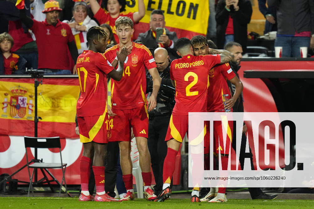 Spain v Netherlands - UEFA Nations League Quarterfinal Leg Two Lamine Yamal right winger of Spain and FC Barcelona, Barca celebrates after scoring his sides first goal during the UEFA Nations League Quarterfinal Leg Two match between Spain and Netherlands at Estadio de Mestalla on March 23, 2025 in Valencia, Spain. Valencia Spain