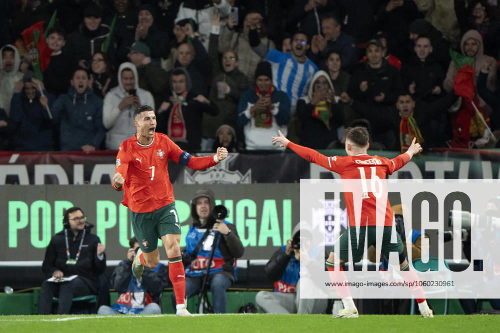 UEFA Nations League Portugal Denmark Portugal s Cristiano Ronaldo celebrates his goal to make it 2 1 with Francisco Conceicao during the UEFA Nations League playoff match in League A between Portugal and Denmark at JosÃ Alvalade Stadium in Lisbon, Portugal on Sunday, March 23, 2025 Photo Bo Amstrup Ritzau Scanpix , Lisbon Portugal Mors