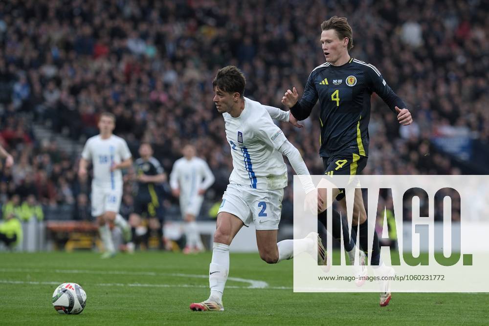 UK: Scotland v Greece, UEFA Nations League at Hampden Park, Glasgow, Scotland on 23 March 2025: Pictured: Giorgos Vagiannidis (Greece) and Scott McTominay (Scotland) Glasgow Hampden Park Scotland