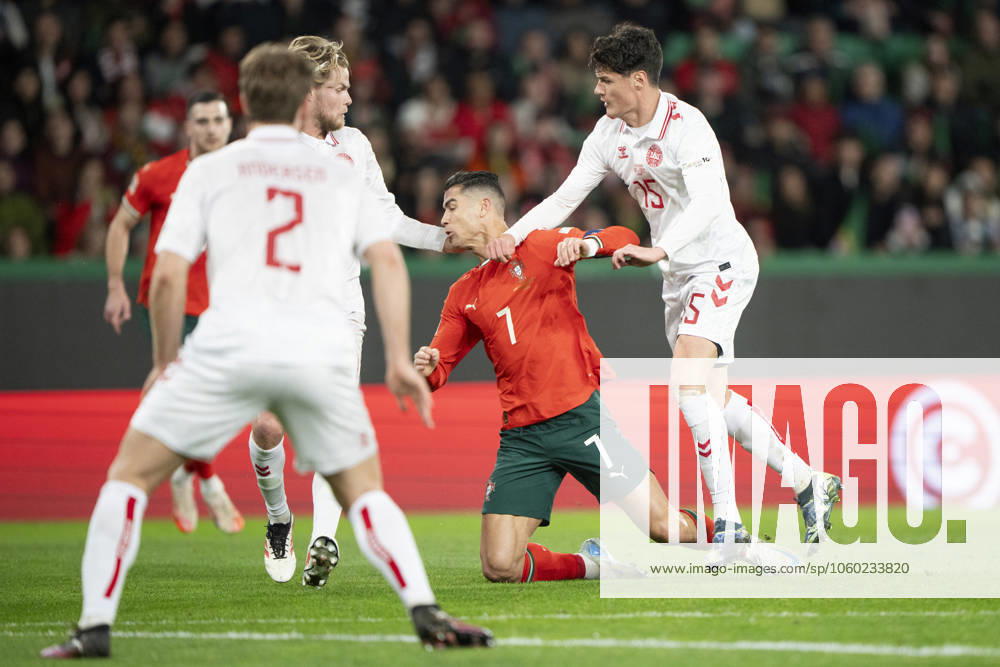UEFA Nations League Portugal Denmark Portugal s Cristiano Ronaldo is stopped by Denmark s Christian Noergaard and Morten Hjulmand during the UEFA Nations League playoff match in League A between Portugal and Denmark at Josà Alvalade Stadium in Lisbon, Portugal on Sunday, March 23, 2025 Photo Bo Amstrup Ritzau Scanpix , Lisbon Portugal Mors