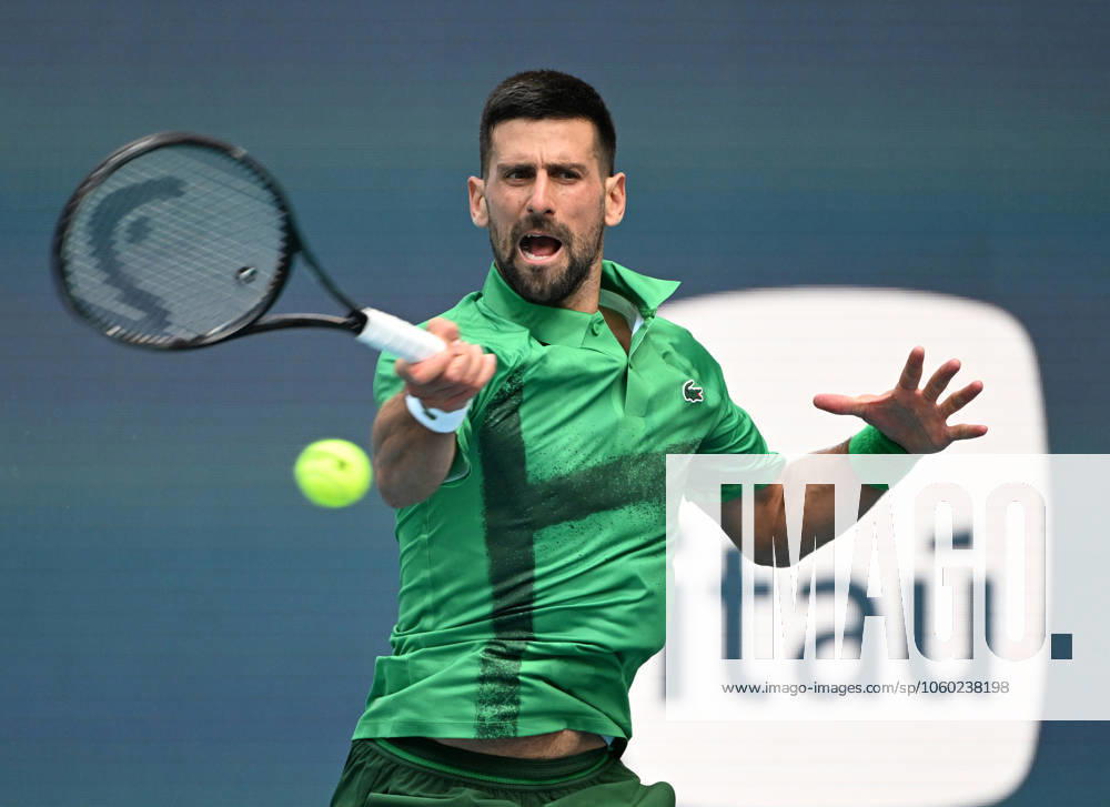Novak Djokovic Vs Camilo Ugo Carabelli during The Miami Open at Hard Rock Stadium on March 23, 2025 in Miami Gardens, Florida.
