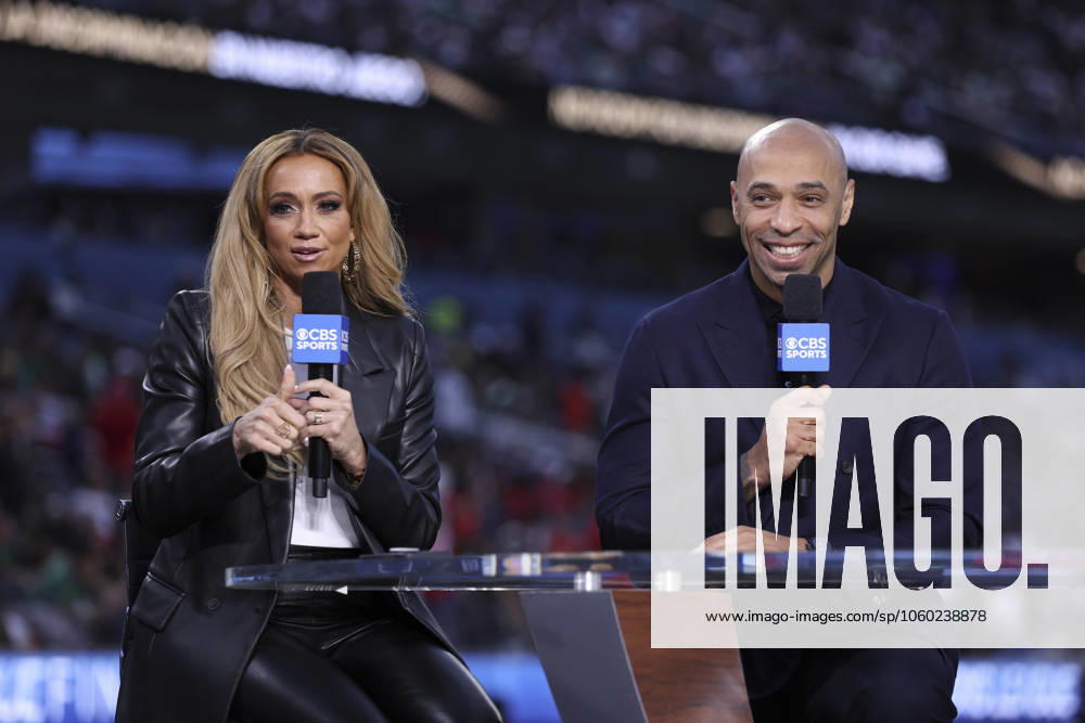 CBS Sports broadcasters KATE SCOTT and THIERRY HENRY carry out their show before the first half of the 2025 CONCACAF Nations League final at SoFi Stadium in Inglewood, California. Inglewood USA - ZUMAt158 20250323_zsp_t158_006