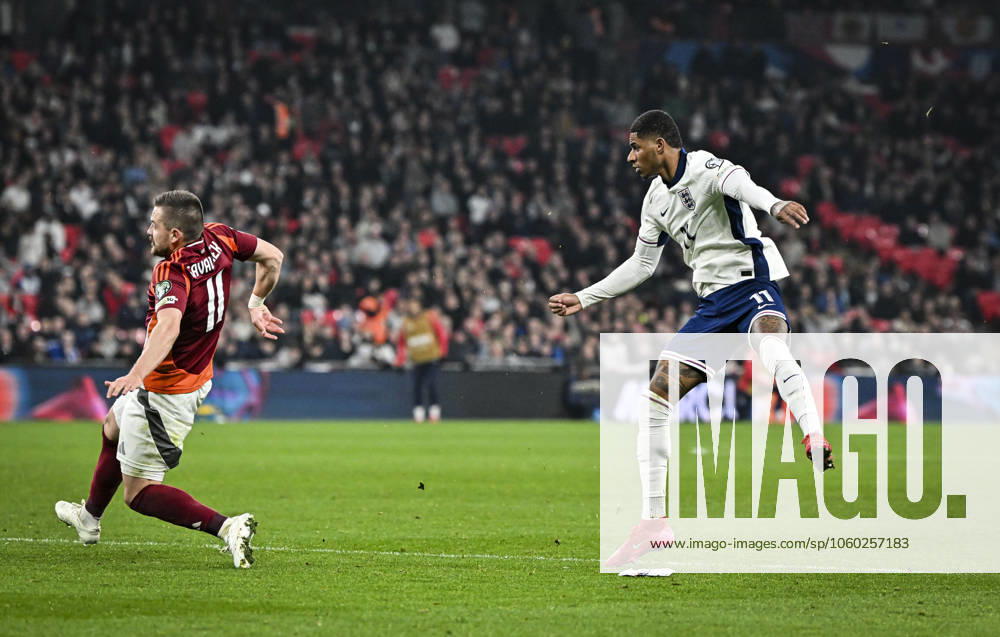 24th March 2025; Wembley Stadium, London, England; FIFA World Cup, WM, Weltmeisterschaft, Fussball Qualifying Group K International Football, England versus Latvia; Marcus Rashford of England watches his shot saved ActionPlus12766421 GodfreyxPitt