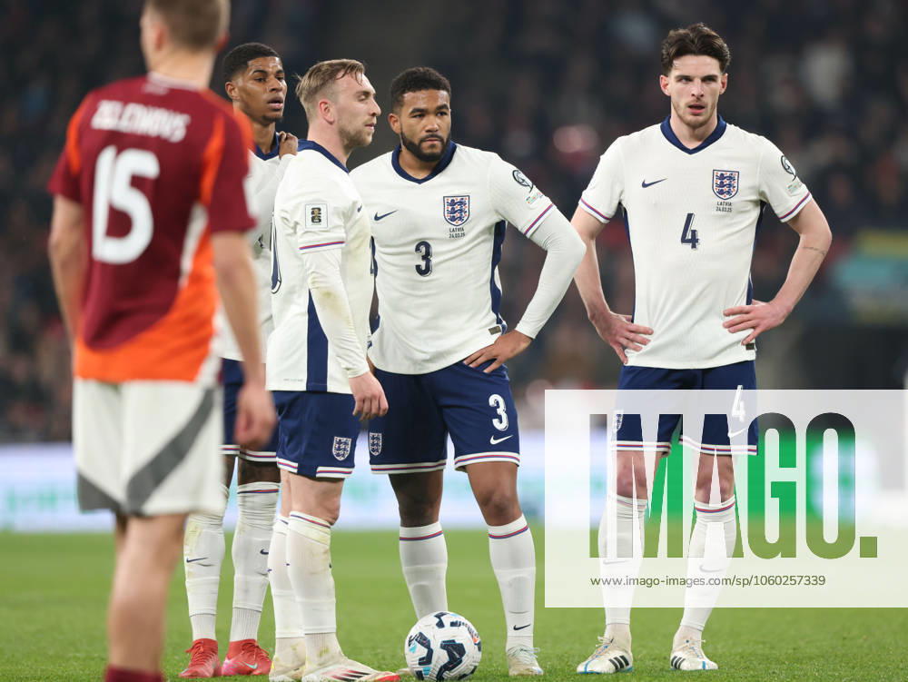 Marcus Rashford (E) Jarrod Bowen (E) Reece James (E) and Declan Rice (E) before Reece James (E) scored the first England goal (1-0) at the FIFA World Cup, WM, Weltmeisterschaft, Fussball Qualifier, England v Latvia, at Wembley Stadium, London, UK on 24th March, 2025.